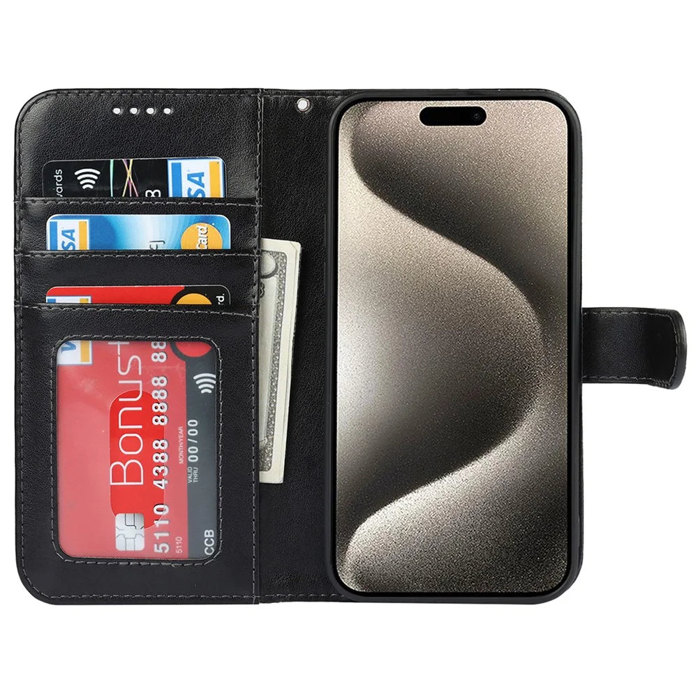 For iPhone 15 Pro Max Wallet Phone Case R61 Texture PU Leather Magnetic Protective Cover - Black - 2