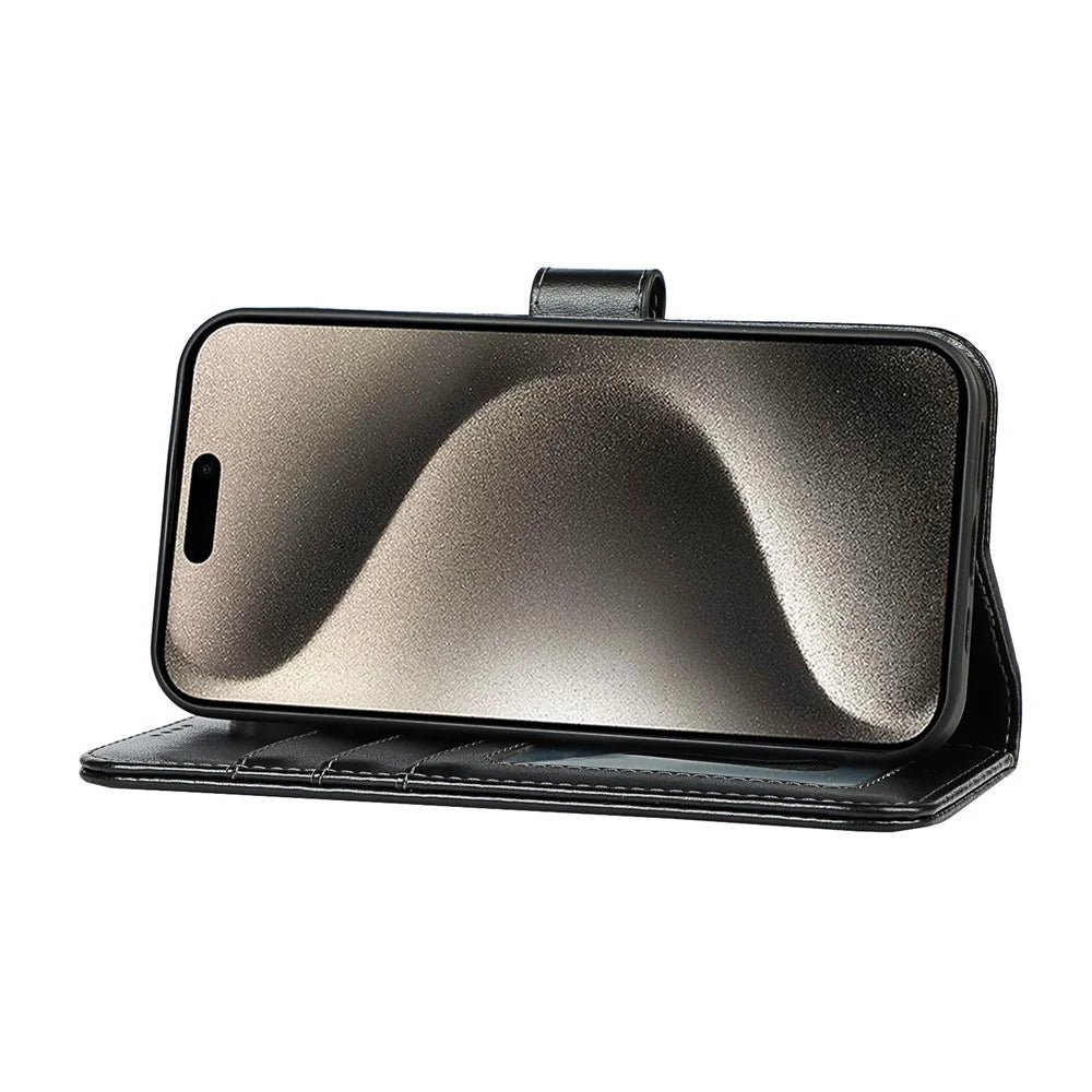 For iPhone 15 Pro Max Wallet Phone Case R61 Texture PU Leather Magnetic Protective Cover - Black - 3