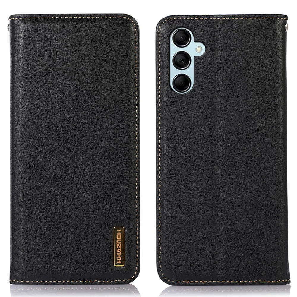 KHAZNEH For Samsung Galaxy A55 5G Case Genuine Cow Leather Nappa Texture Cover with Stand - Black - 1