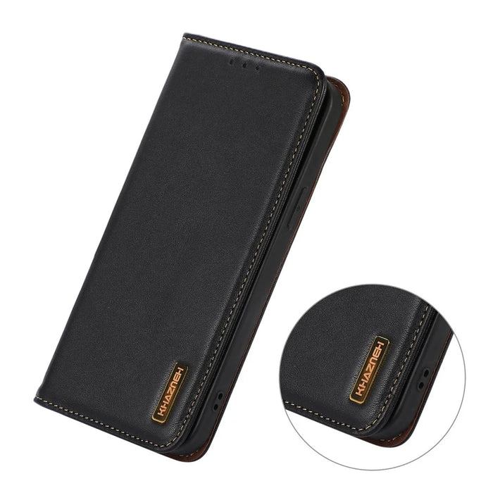 KHAZNEH For Samsung Galaxy A55 5G Case Genuine Cow Leather Nappa Texture Cover with Stand - Black - 4