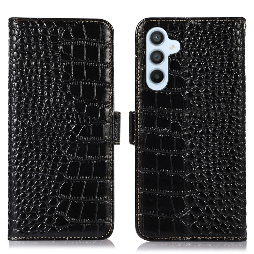 Wallet Case for Samsung Galaxy A55 5G Genuine Cow Leather Crocodile Texture Cover with RFID Blocking - Black - 1