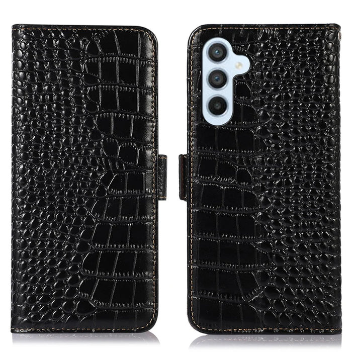 Wallet Case for Samsung Galaxy A55 5G Genuine Cow Leather Crocodile Texture Cover with RFID Blocking - Black - 1