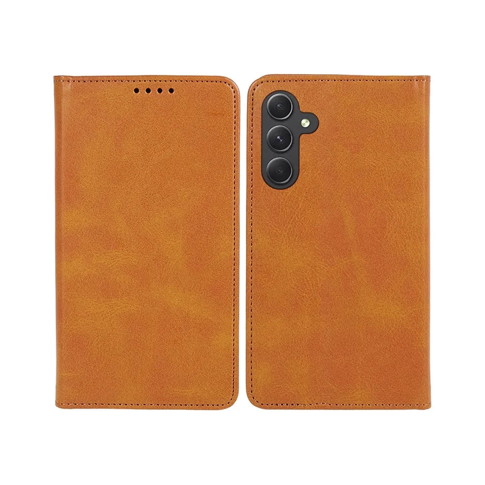 For Samsung Galaxy A55 5G Case Calf Texture PU Leather Shell Slim-Fit Mobile Phone Cover - Khaki - 1