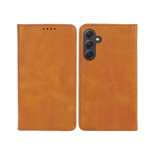 For Samsung Galaxy A55 5G Case Calf Texture PU Leather Shell Slim-Fit Mobile Phone Cover - Khaki - 1