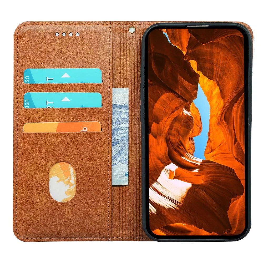 For Samsung Galaxy A55 5G Case Calf Texture PU Leather Shell Slim-Fit Mobile Phone Cover - Khaki - 2