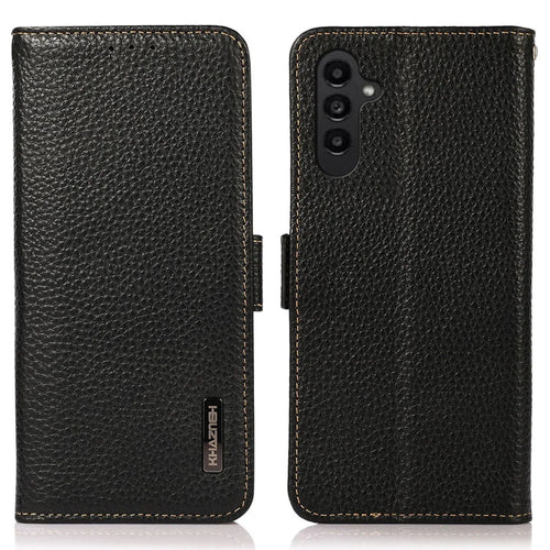 KHAZNEH For Samsung Galaxy A35 5G Genuine Cow Leather Case with Litchi Texture and RFID Blocking Security - Black - 1