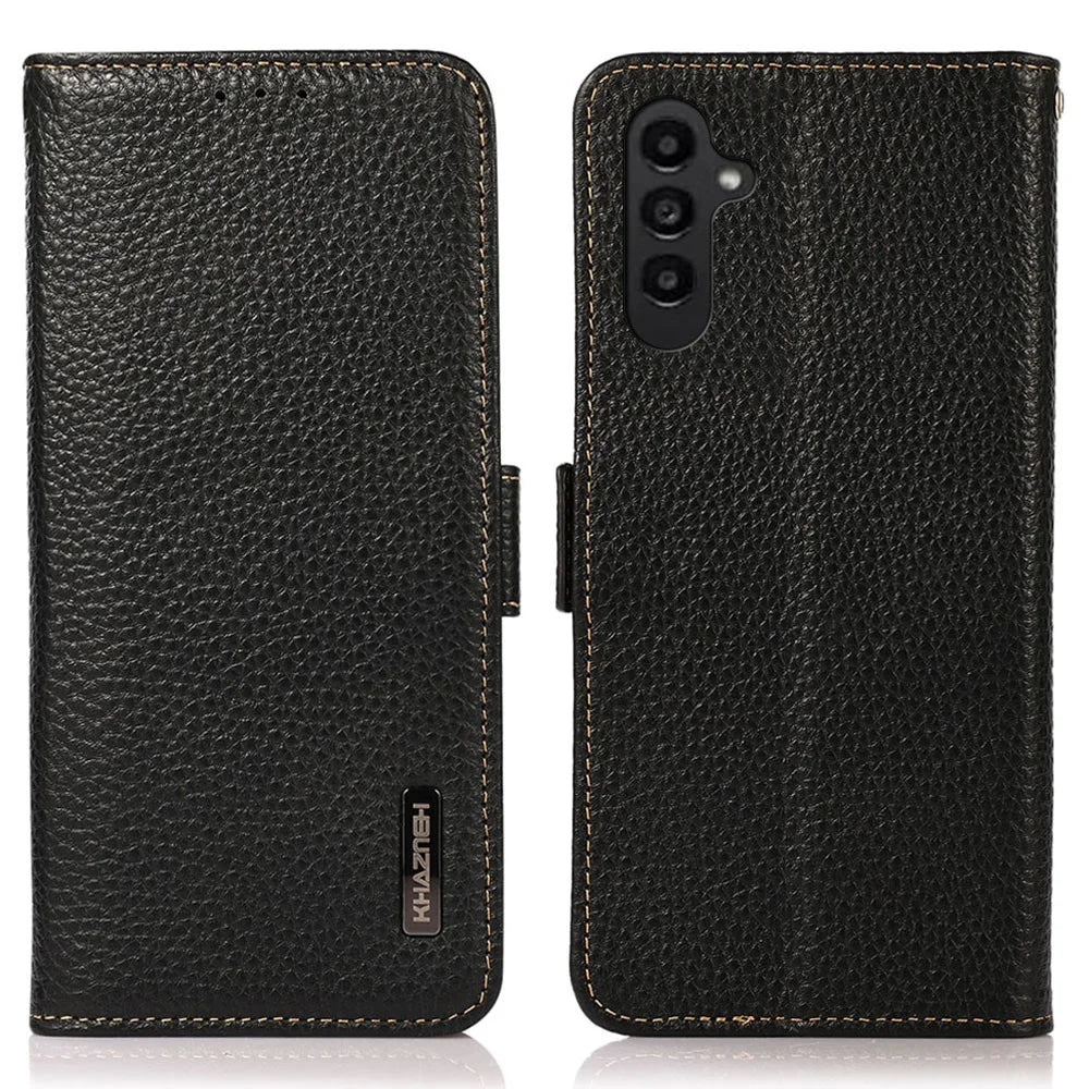 KHAZNEH For Samsung Galaxy A35 5G Genuine Cow Leather Case with Litchi Texture and RFID Blocking Security - Black - 1