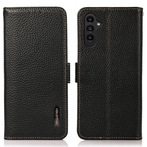 KHAZNEH For Samsung Galaxy A35 5G Genuine Cow Leather Case with Litchi Texture and RFID Blocking Security - Black - 1