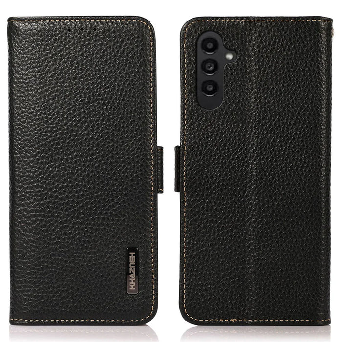 KHAZNEH For Samsung Galaxy A35 5G Genuine Cow Leather Case with Litchi Texture and RFID Blocking Security - Black - 1