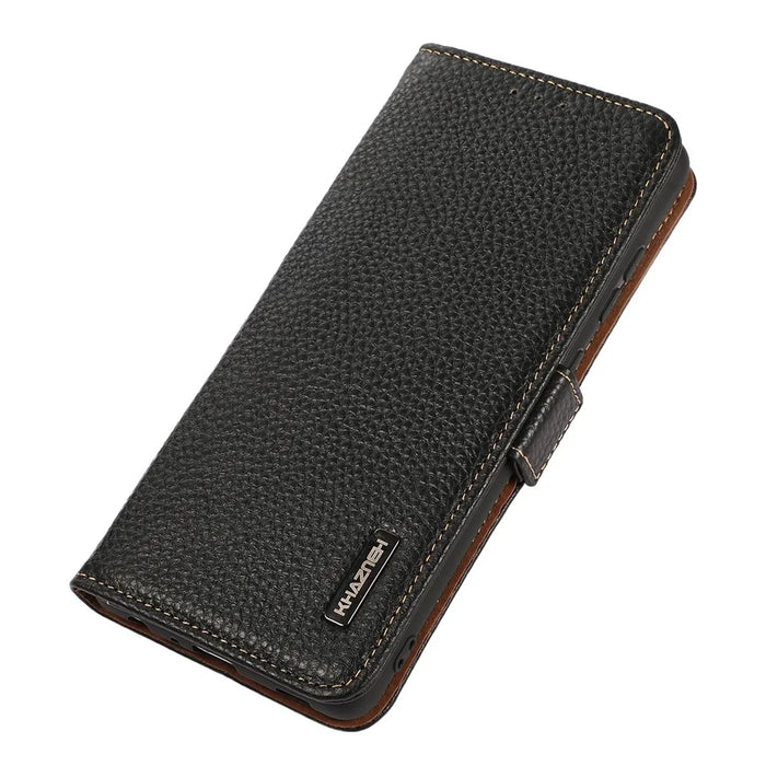 KHAZNEH For Samsung Galaxy A35 5G Genuine Cow Leather Case with Litchi Texture and RFID Blocking Security - Black - 5