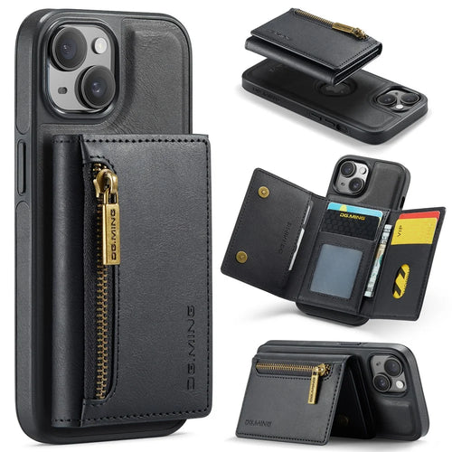 DG.MING M5 Series For iPhone 14 Magnetic Case RFID Blocking Detachable Leather+TPU+PC Wallet Cover - Black - 1