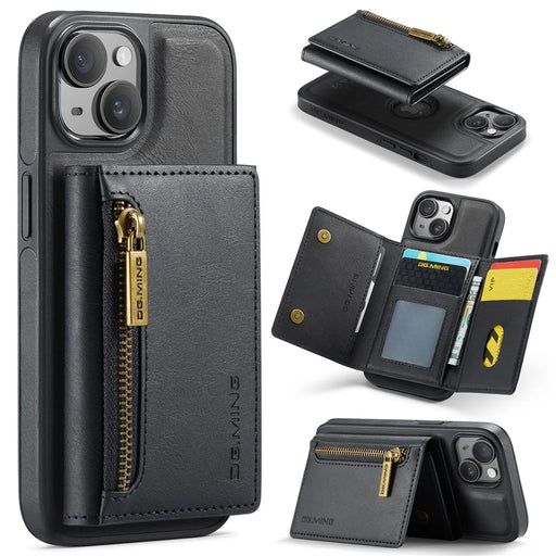 DG.MING M5 Series For iPhone 14 Magnetic Case RFID Blocking Detachable Leather+TPU+PC Wallet Cover - Black - 1