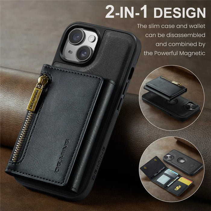 DG.MING M5 Series For iPhone 14 Magnetic Case RFID Blocking Detachable Leather+TPU+PC Wallet Cover - Black - 3