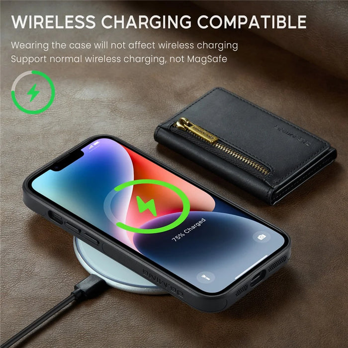 DG.MING M5 Series For iPhone 14 Magnetic Case RFID Blocking Detachable Leather+TPU+PC Wallet Cover - Black - 4
