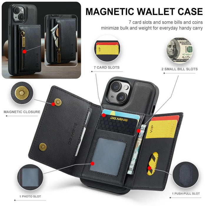 DG.MING M5 Series For iPhone 14 Magnetic Case RFID Blocking Detachable Leather+TPU+PC Wallet Cover - Black - 6