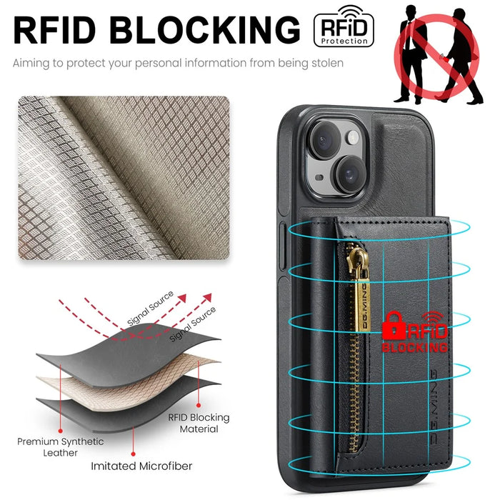DG.MING M5 Series For iPhone 14 Magnetic Case RFID Blocking Detachable Leather+TPU+PC Wallet Cover - Black - 7