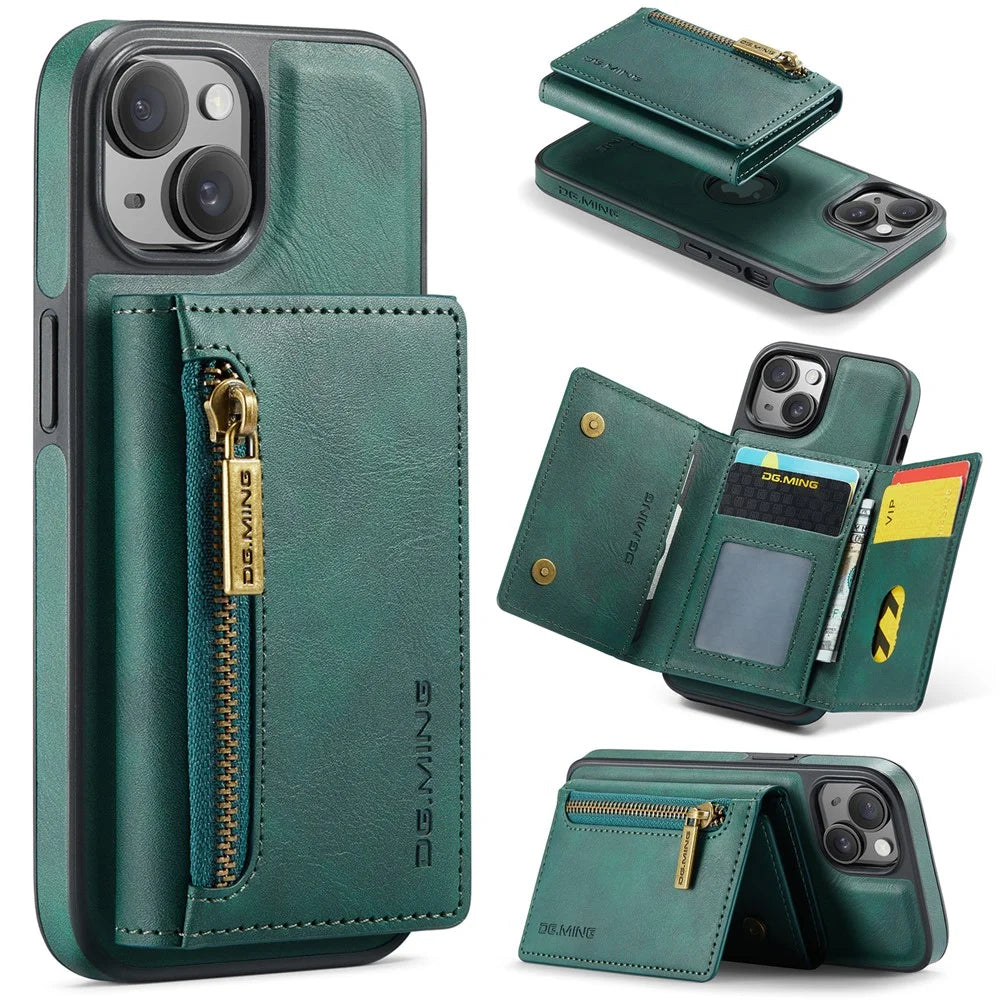 DG.MING M5 Series For iPhone 14 Plus Case Detachable Magnetic Leather Phone Protector with Card Slots - Green - 1