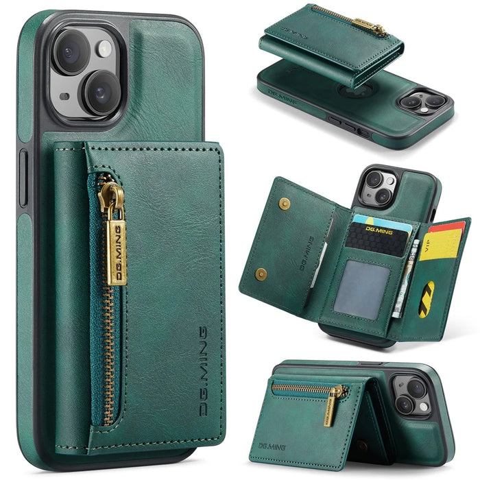 DG.MING M5 Series For iPhone 14 Plus Case Detachable Magnetic Leather Phone Protector with Card Slots - Green - 1