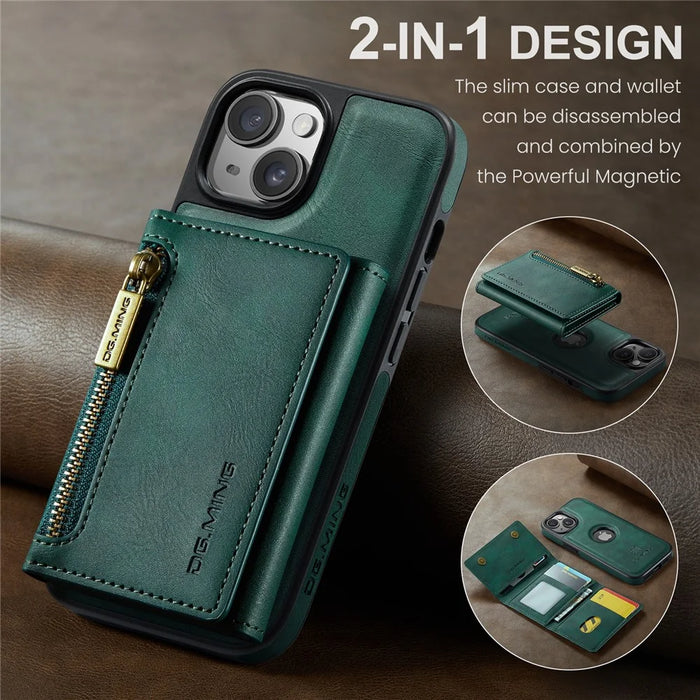 DG.MING M5 Series For iPhone 14 Plus Case Detachable Magnetic Leather Phone Protector with Card Slots - Green - 3