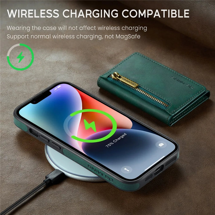 DG.MING M5 Series For iPhone 14 Plus Case Detachable Magnetic Leather Phone Protector with Card Slots - Green - 4