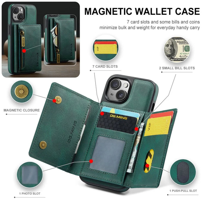 DG.MING M5 Series For iPhone 14 Plus Case Detachable Magnetic Leather Phone Protector with Card Slots - Green - 6