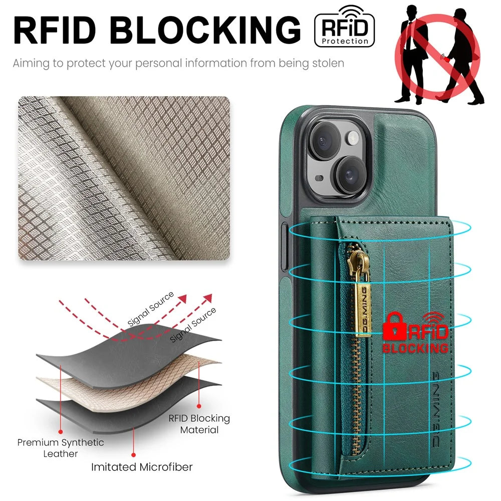 DG.MING M5 Series For iPhone 14 Plus Case Detachable Magnetic Leather Phone Protector with Card Slots - Green - 7