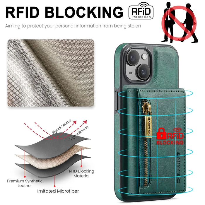 DG.MING M5 Series For iPhone 14 Plus Case Detachable Magnetic Leather Phone Protector with Card Slots - Green - 7