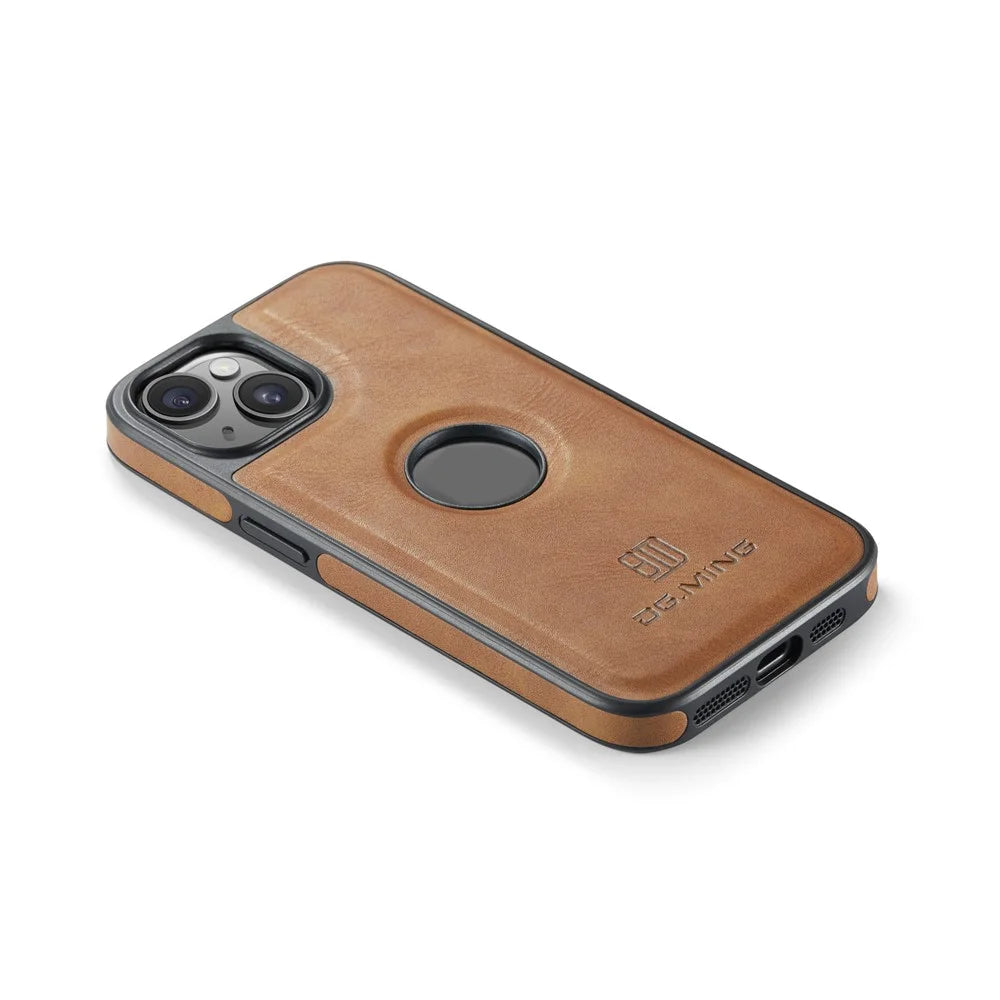 DG.MING For iPhone 14 Case Scratch-Proof Full Side Leather Coating Phone Shell - Brown - 6