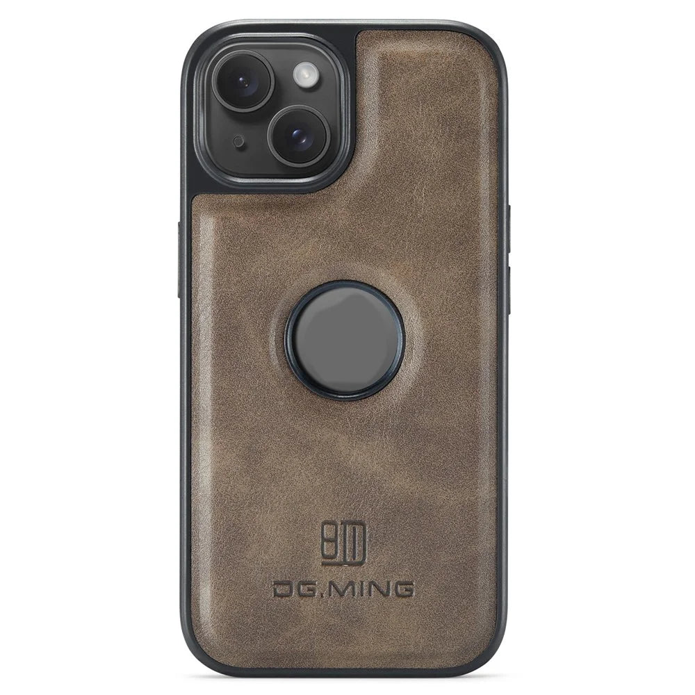 DG.MING For iPhone 14 Plus Case Anti-Fall Leather Coated PC+TPU Phone Back Cover - Coffee - 1