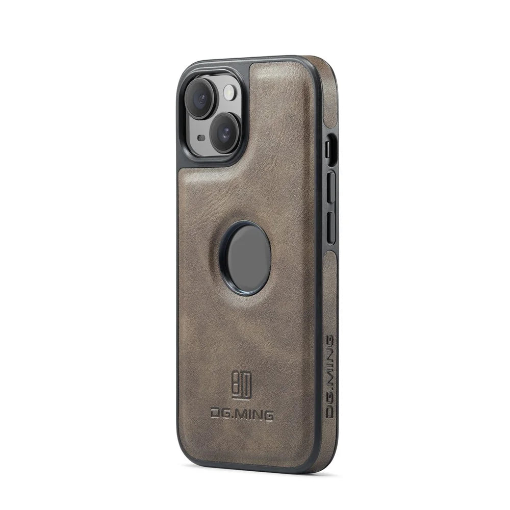 DG.MING For iPhone 14 Plus Case Anti-Fall Leather Coated PC+TPU Phone Back Cover - Coffee - 3