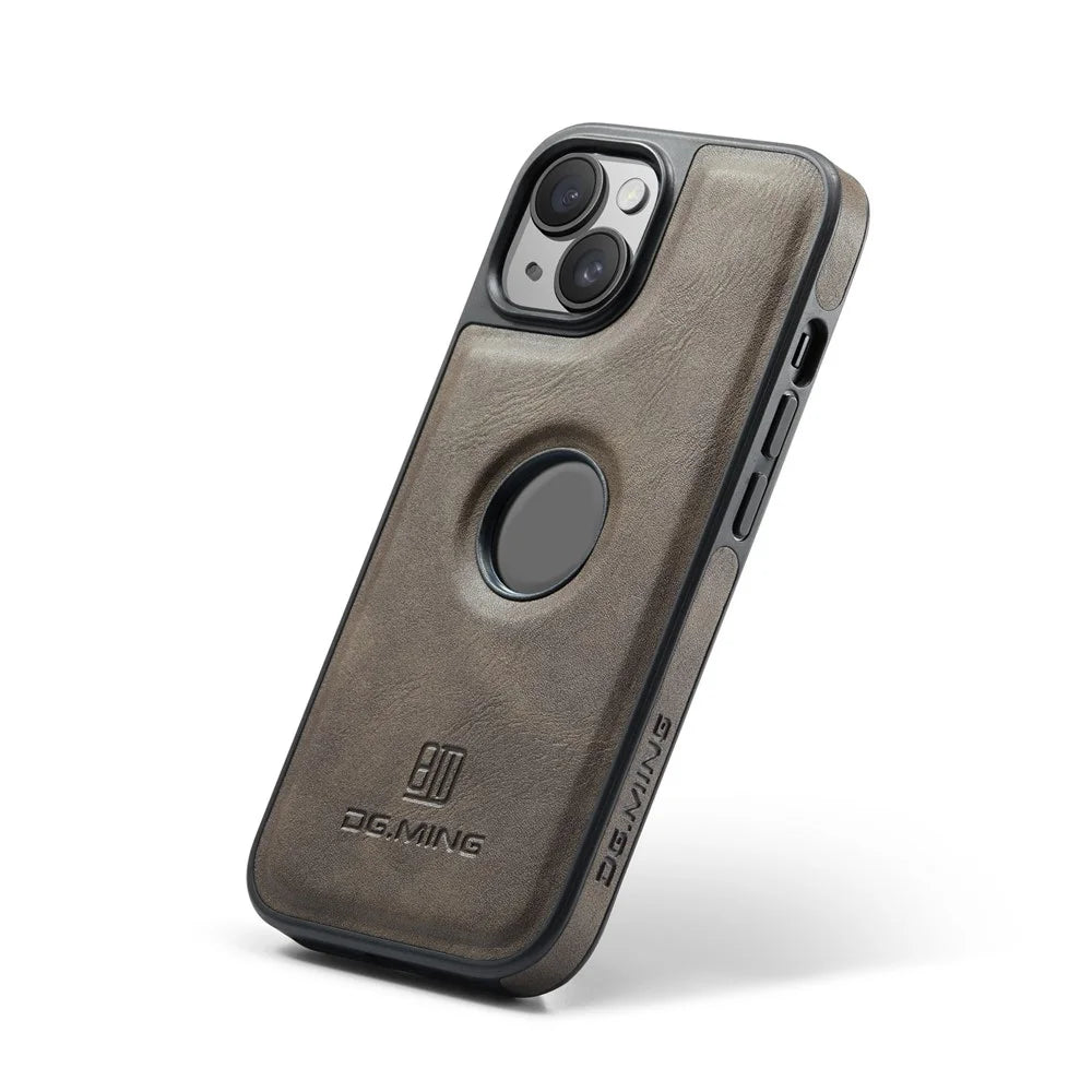 DG.MING For iPhone 14 Plus Case Anti-Fall Leather Coated PC+TPU Phone Back Cover - Coffee - 5