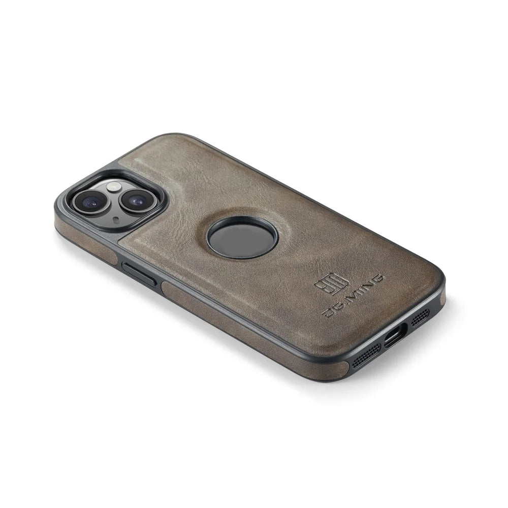 DG.MING For iPhone 14 Plus Case Anti-Fall Leather Coated PC+TPU Phone Back Cover - Coffee - 6