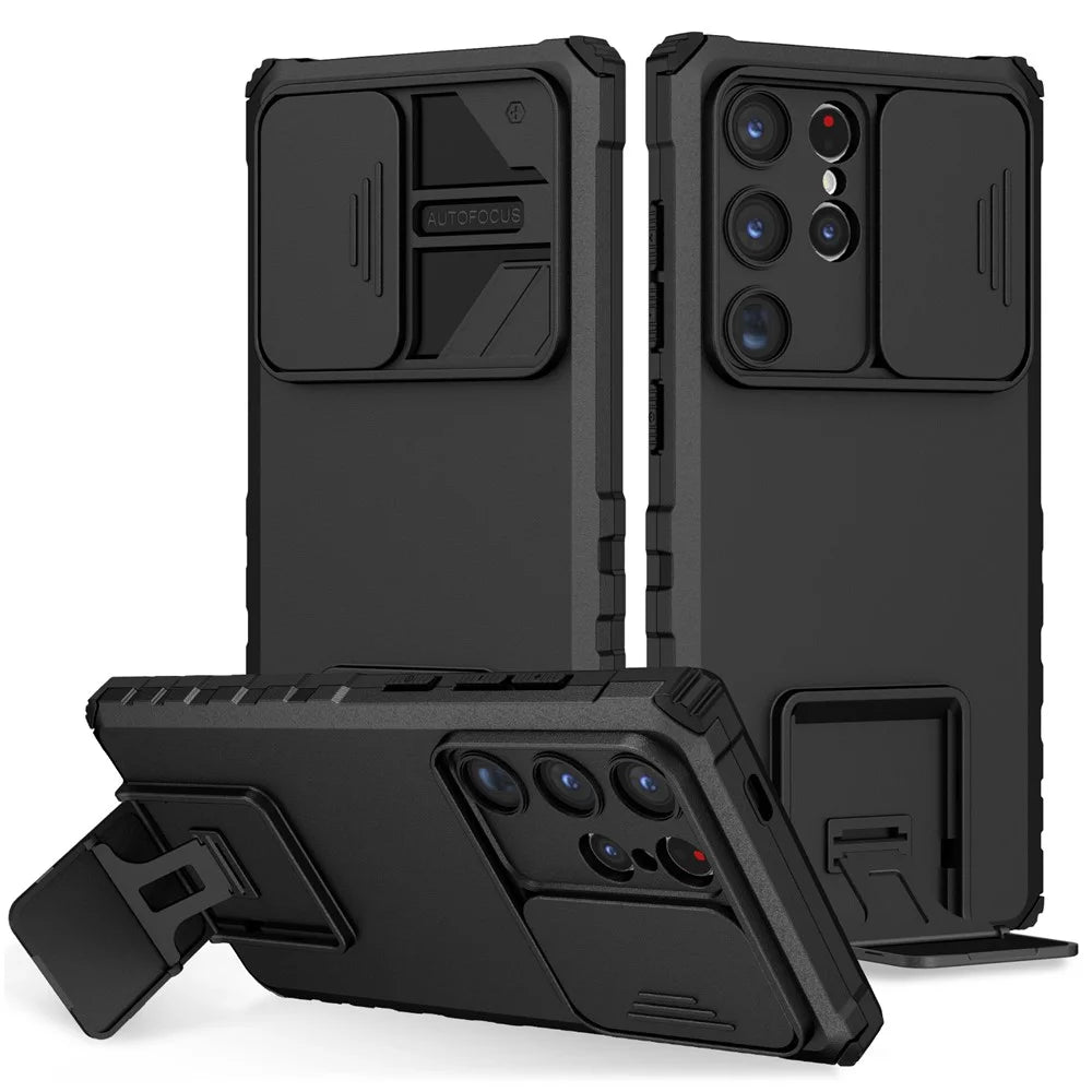 For Samsung Galaxy S24 Ultra Cell Phone Cases Slide Lens Shield PC+TPU Cover with Kickstand - Black - 1