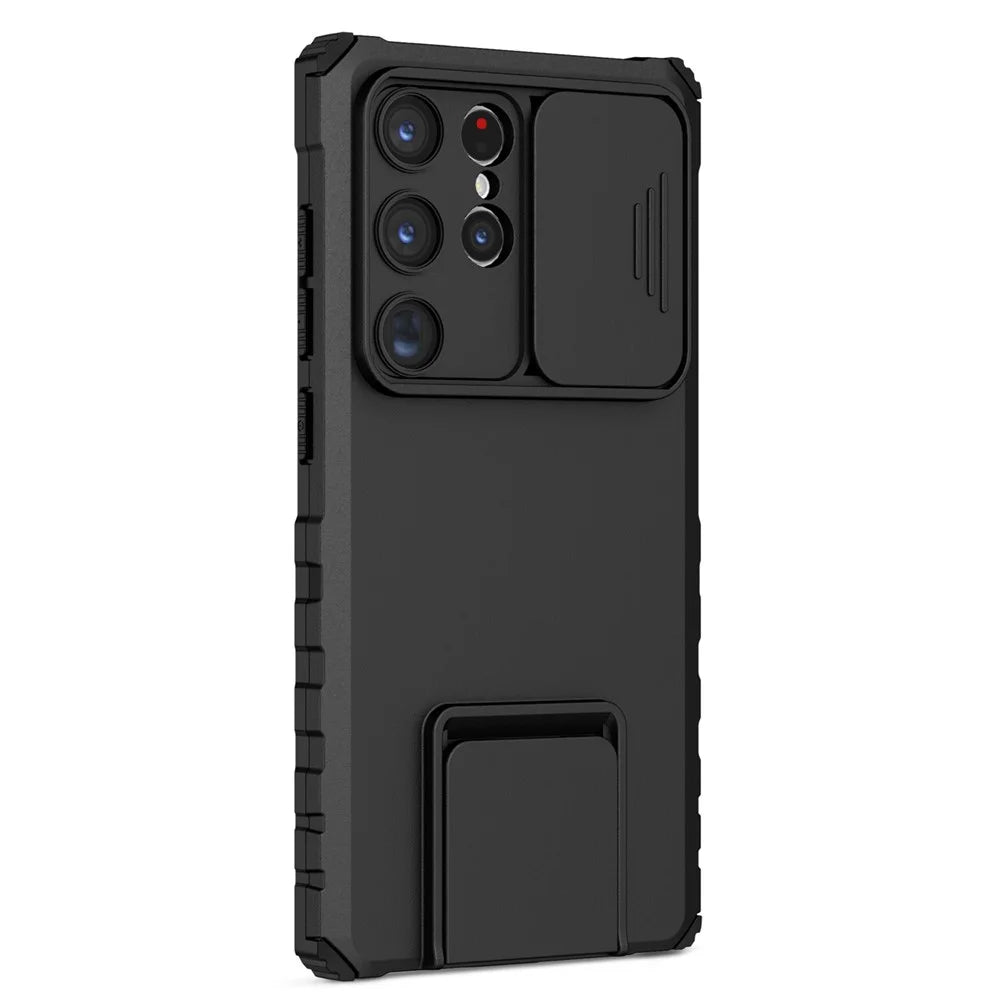 For Samsung Galaxy S24 Ultra Cell Phone Cases Slide Lens Shield PC+TPU Cover with Kickstand - Black - 2