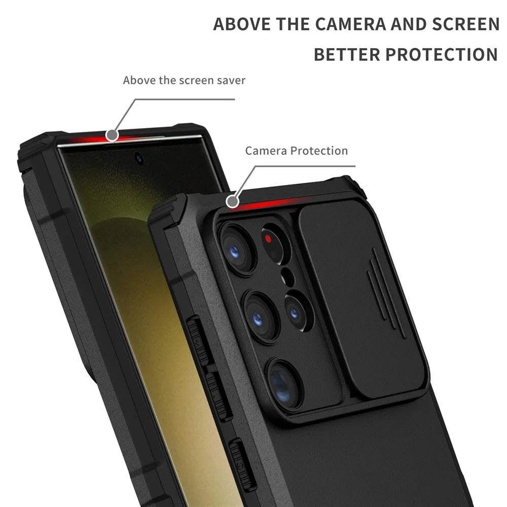 For Samsung Galaxy S24 Ultra Cell Phone Cases Slide Lens Shield PC+TPU Cover with Kickstand - Black - 4
