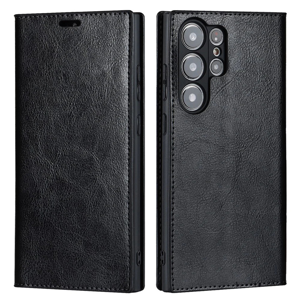 For Samsung Galaxy S23 Ultra Case Crazy Horse Texture Split Leather Wallet Cover - Black - 1