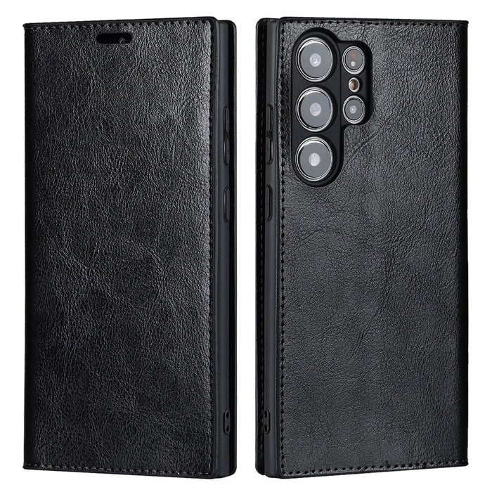 For Samsung Galaxy S23 Ultra Case Crazy Horse Texture Split Leather Wallet Cover - Black - 1