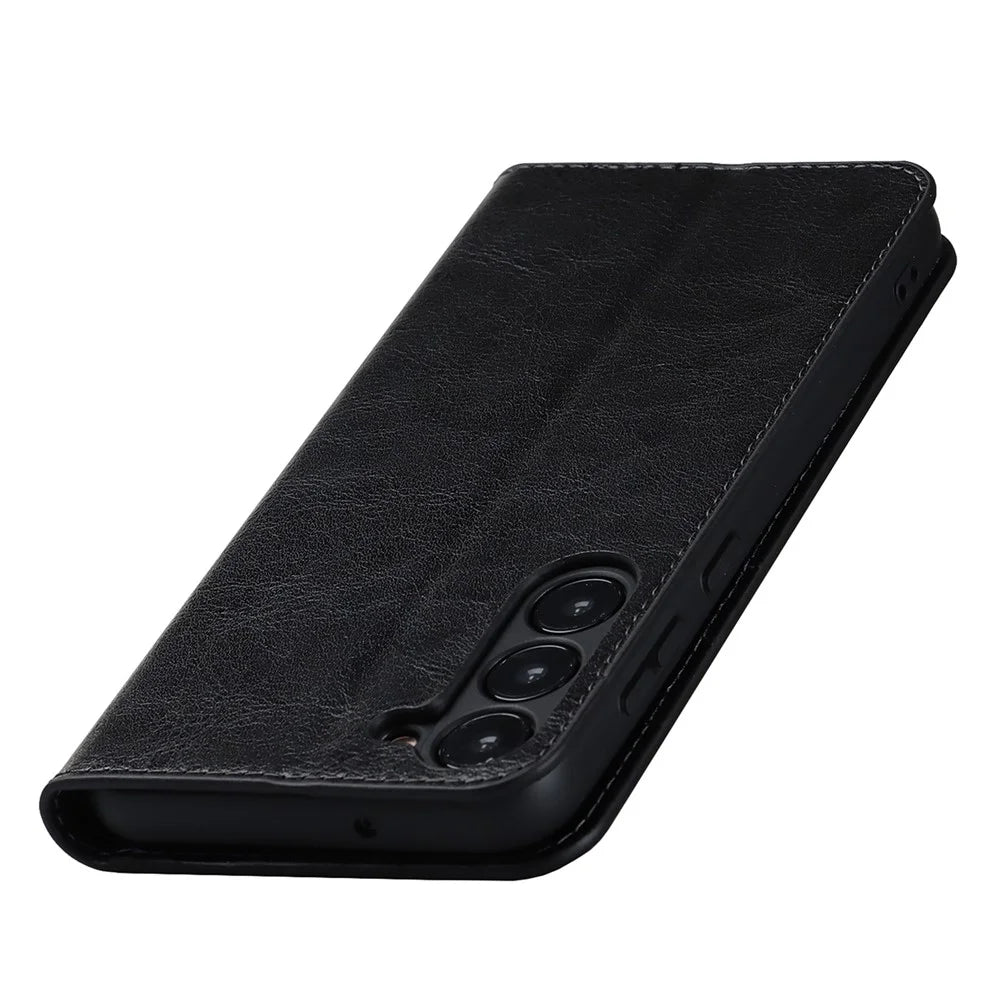 For Samsung Galaxy S23 Cell Phone Cases Crazy Horse Texture Split Leather Wallet Cover - Black - 5