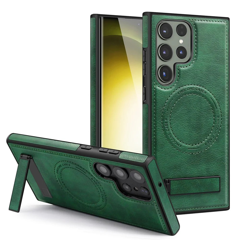 For Samsung Galaxy S24 Ultra Magnetic Case with Folded Kickstand PC Silicone Leather Phone Back Cover  - Blackish Green - 1