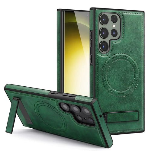 For Samsung Galaxy S24 Ultra Magnetic Case with Folded Kickstand PC Silicone Leather Phone Back Cover  - Blackish Green - 1