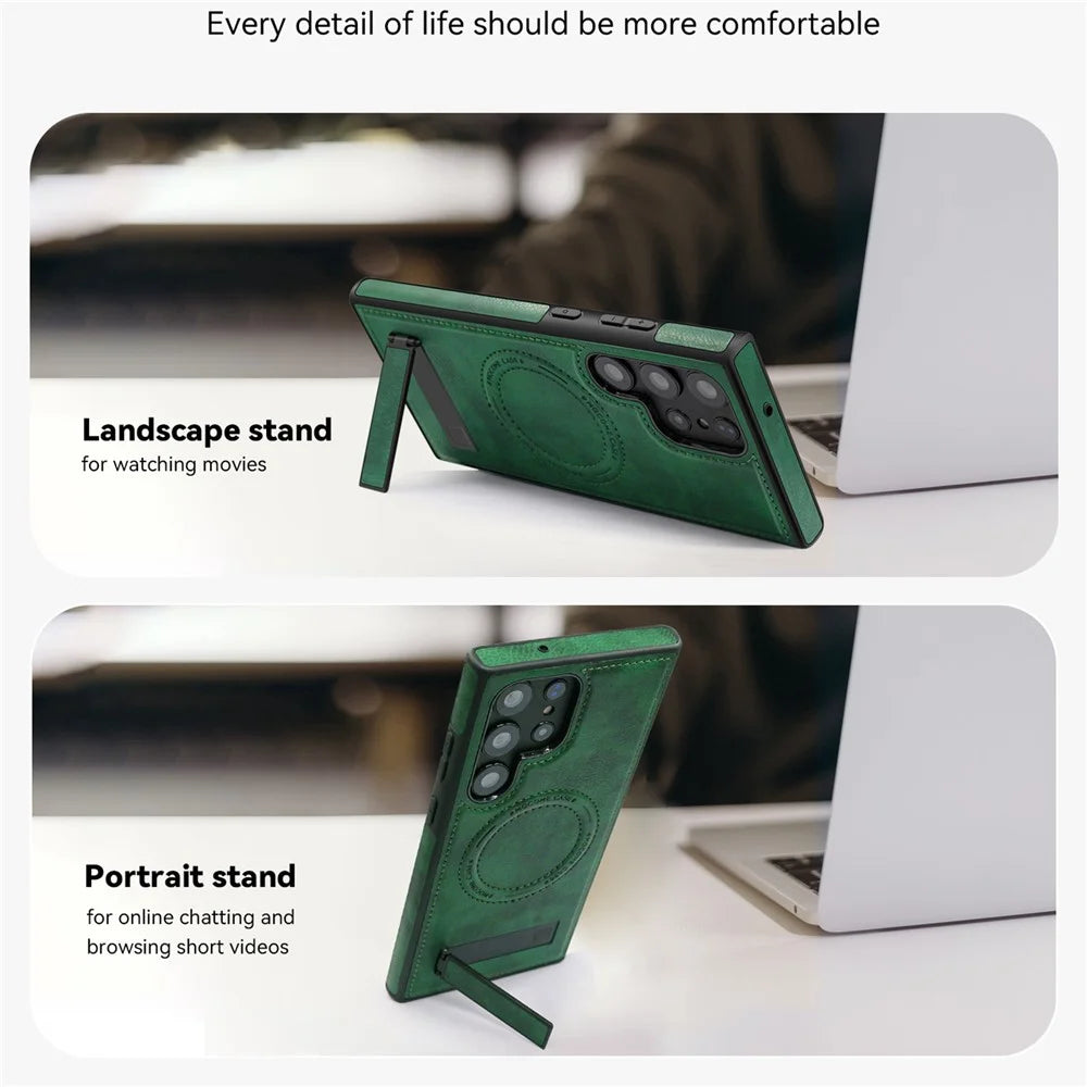 For Samsung Galaxy S24 Ultra Magnetic Case with Folded Kickstand PC Silicone Leather Phone Back Cover  - Blackish Green - 2