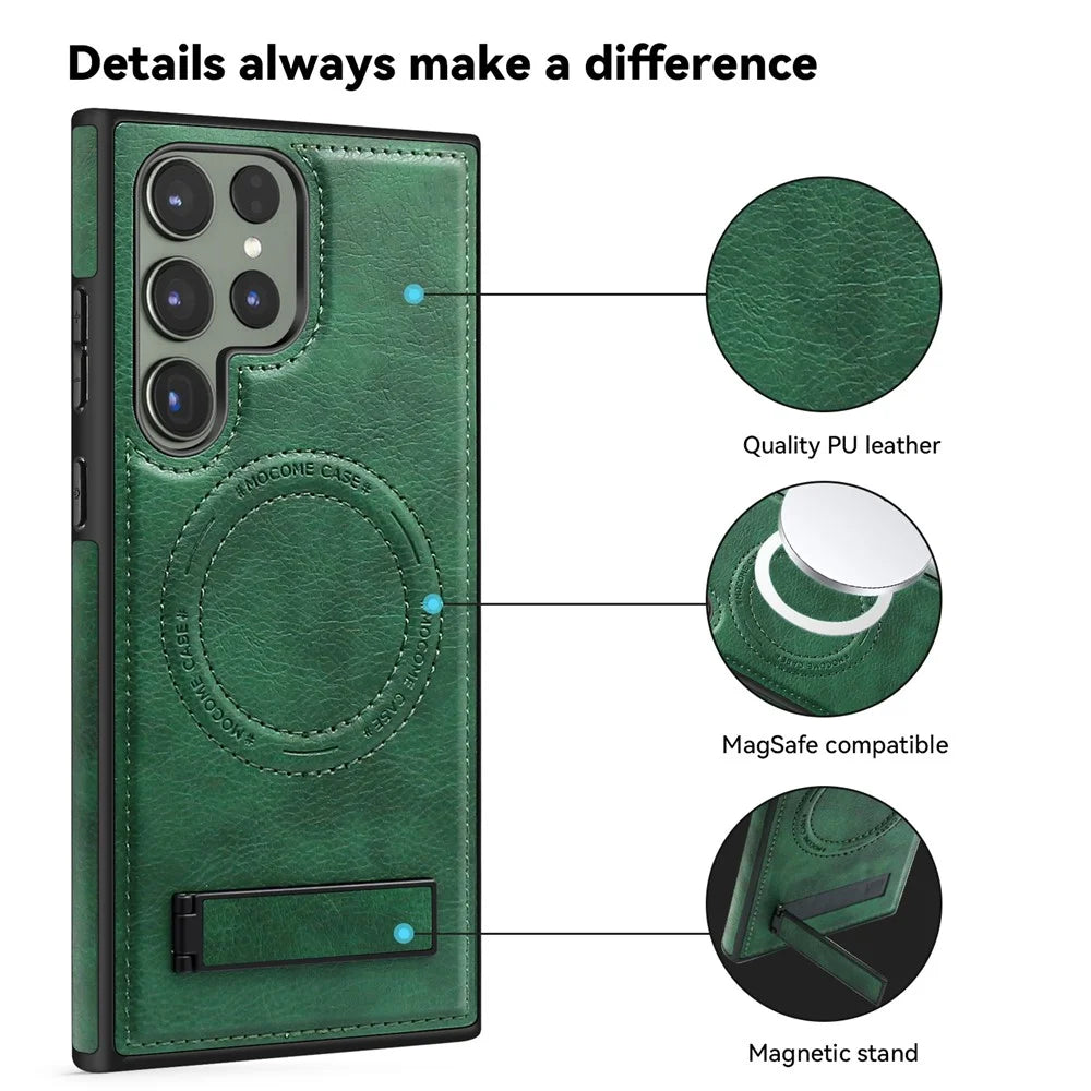 For Samsung Galaxy S24 Ultra Magnetic Case with Folded Kickstand PC Silicone Leather Phone Back Cover  - Blackish Green - 7