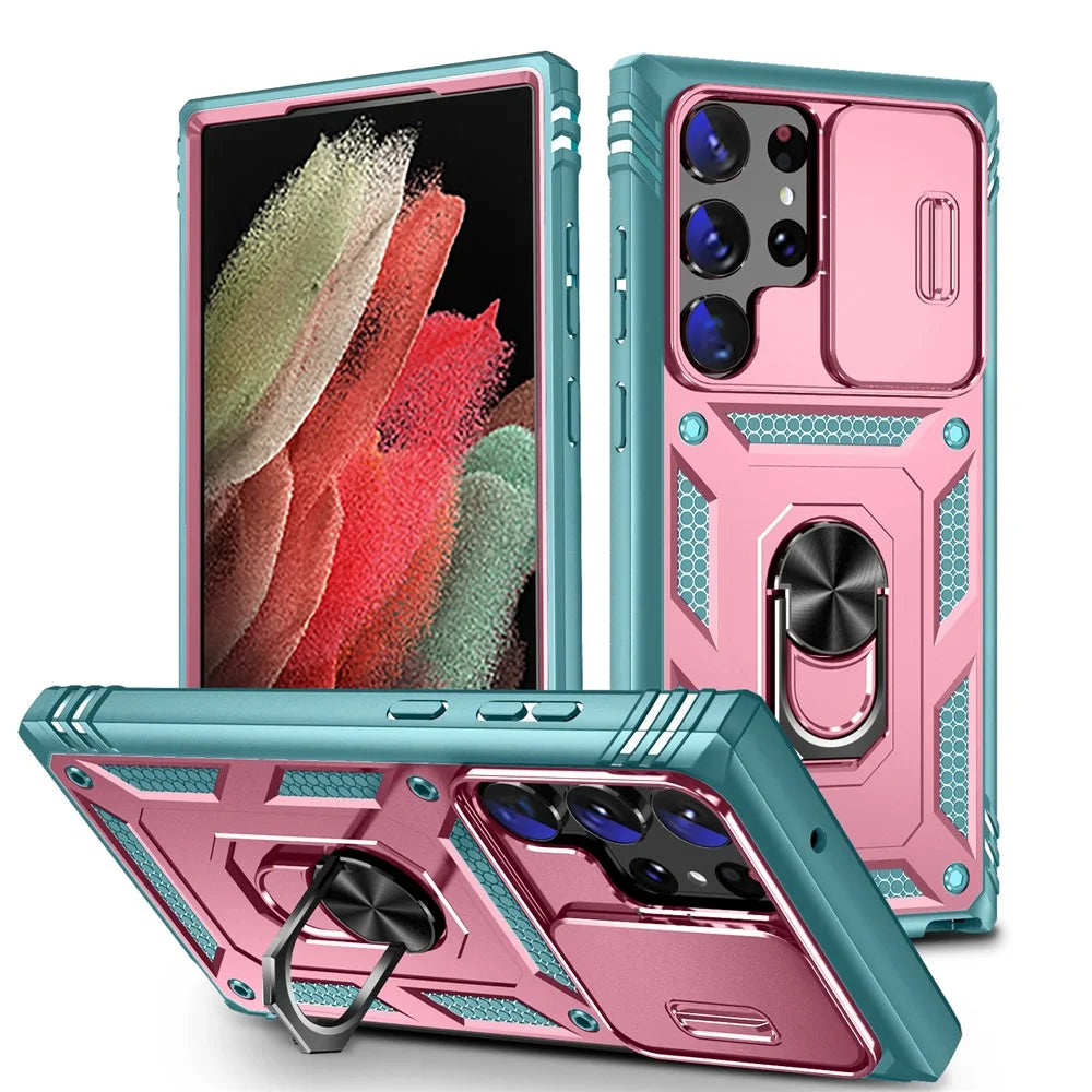 For Samsung Galaxy S24 Ultra Phone Case Built-in Slide Camera Lens Cover + Ring Holder Kickstand - Pink+Grey Green - 1