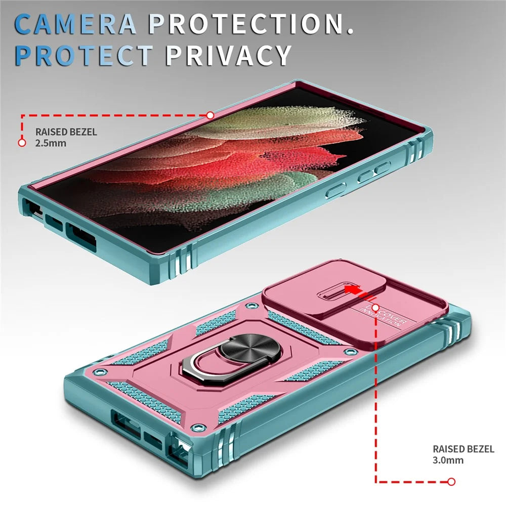 For Samsung Galaxy S24 Ultra Phone Case Built-in Slide Camera Lens Cover + Ring Holder Kickstand - Pink+Grey Green - 2