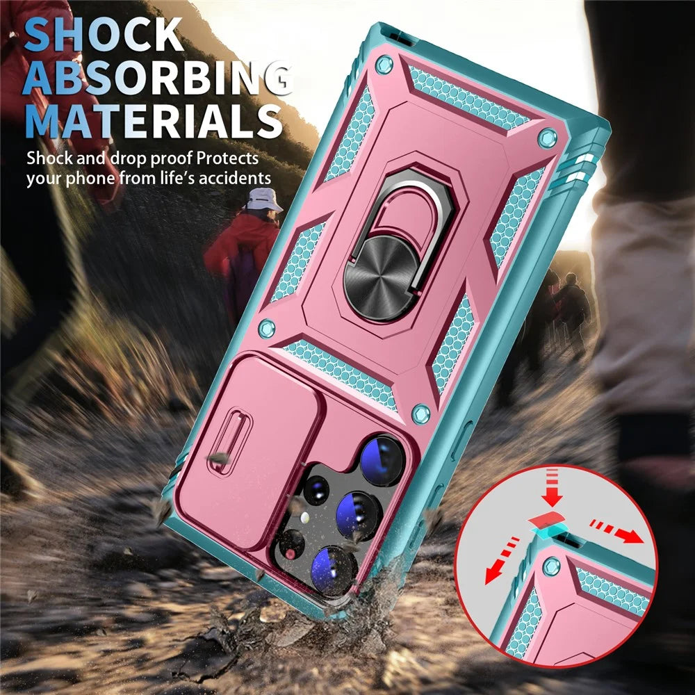 For Samsung Galaxy S24 Ultra Phone Case Built-in Slide Camera Lens Cover + Ring Holder Kickstand - Pink+Grey Green - 3