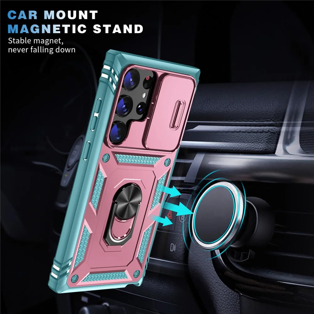 For Samsung Galaxy S24 Ultra Phone Case Built-in Slide Camera Lens Cover + Ring Holder Kickstand - Pink+Grey Green - 4