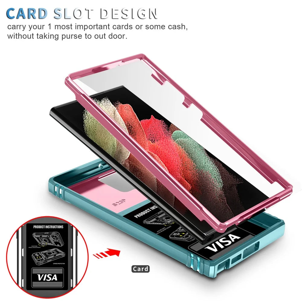 For Samsung Galaxy S24 Ultra Phone Case Built-in Slide Camera Lens Cover + Ring Holder Kickstand - Pink+Grey Green - 5