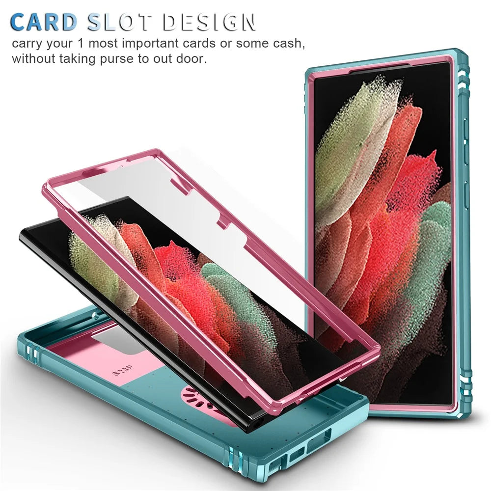 For Samsung Galaxy S24 Ultra Phone Case Built-in Slide Camera Lens Cover + Ring Holder Kickstand - Pink+Grey Green - 6