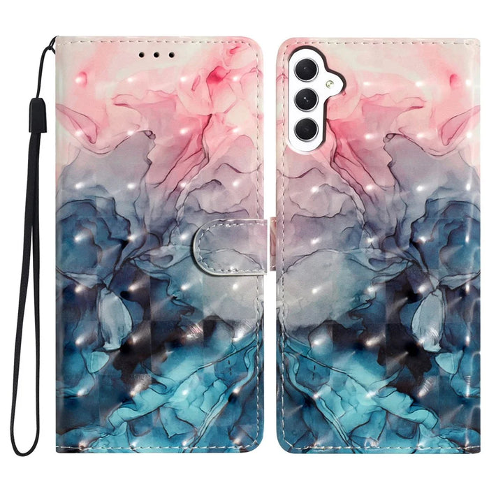 Leather Case for Samsung Galaxy A55 5G 3D Pattern Wallet Style Phone Cover with Card Slots - Pink Blue Marble - 1