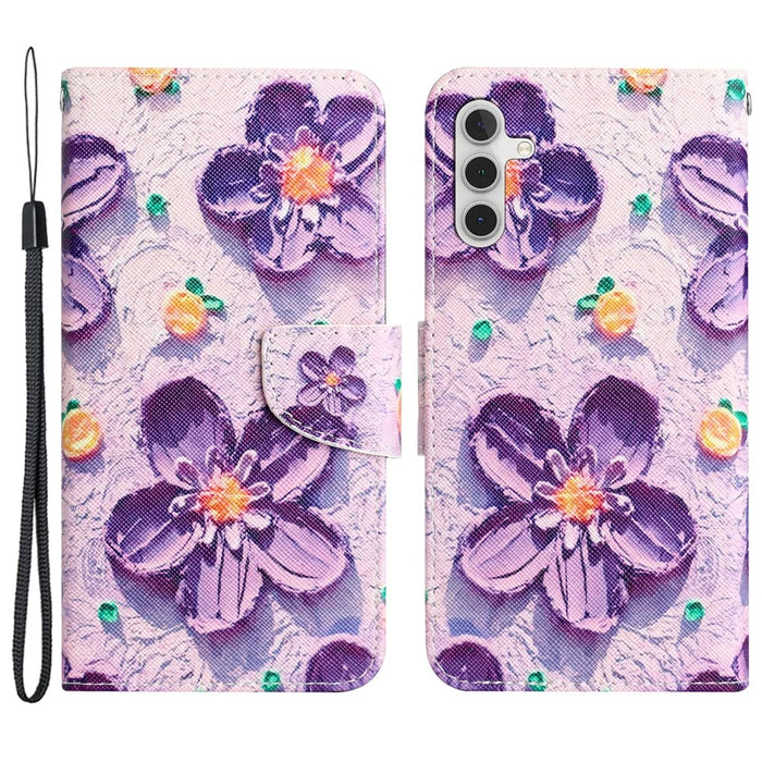 For Samsung Galaxy A05s 4G Phone Case Pattern Folding Stand PU Leather Cover - Purple Flower - 1
